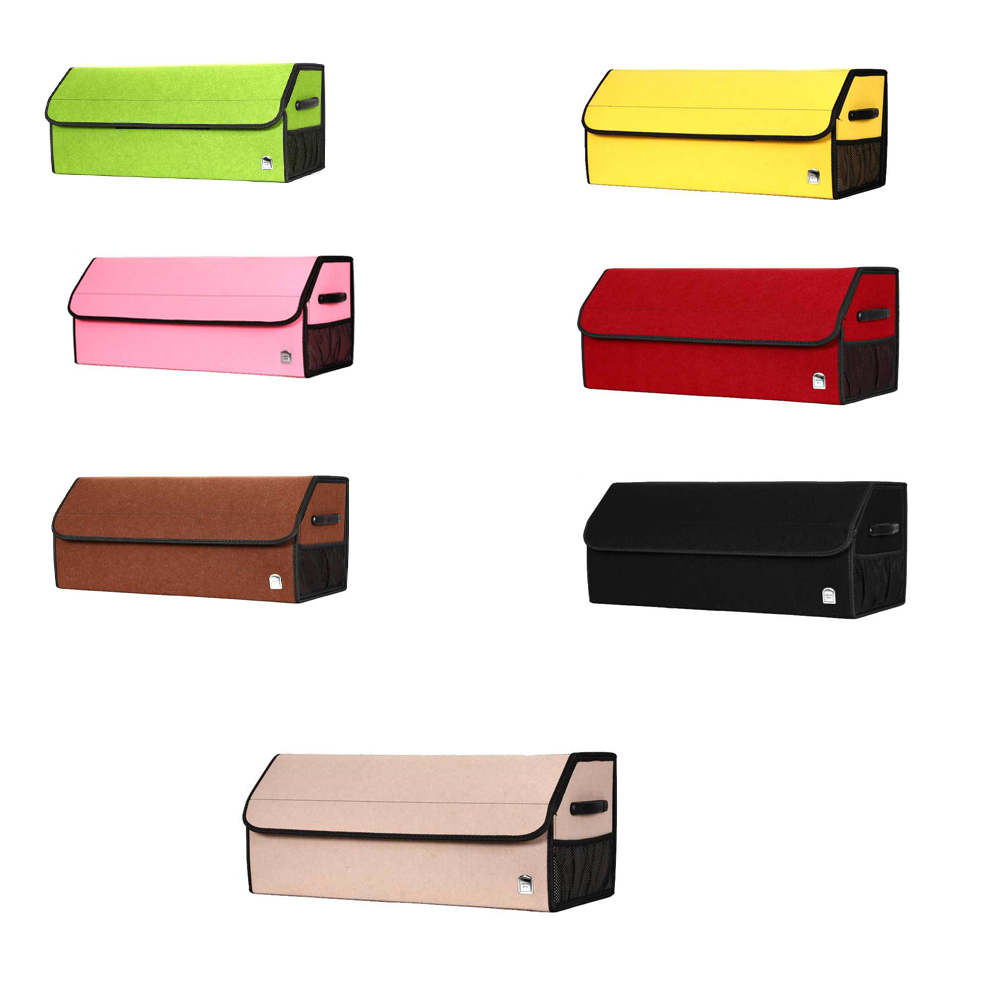 Felt Fabric Car Tunk Storage Box with 2 Plastic Handle with Magic Velcro Close Car Trunk Organiser Colorful with 1 Side Net Pockets Car Trunk Organizer