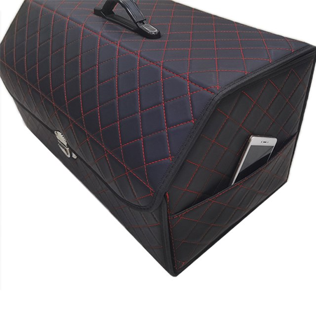 Embroidery PVC Leather Car Trunk Box with Wooden Insert with Metal Buckle 2 Side Net Pockets Foldable Storage Organizer Box