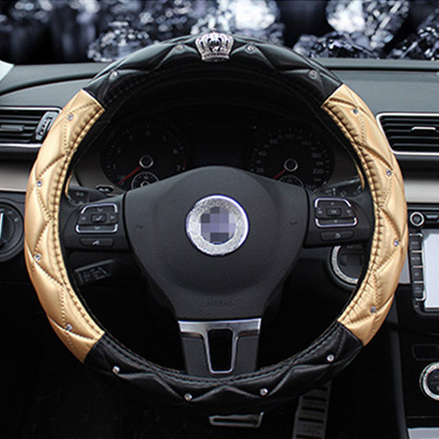 Diamond Leather Bling Steering Wheel Cover Universal Car Steering Wheel Protector with Crystal Rhinestones Anti-Slip Soft Interior Accessories for Women And Girl Fit 15 Inch