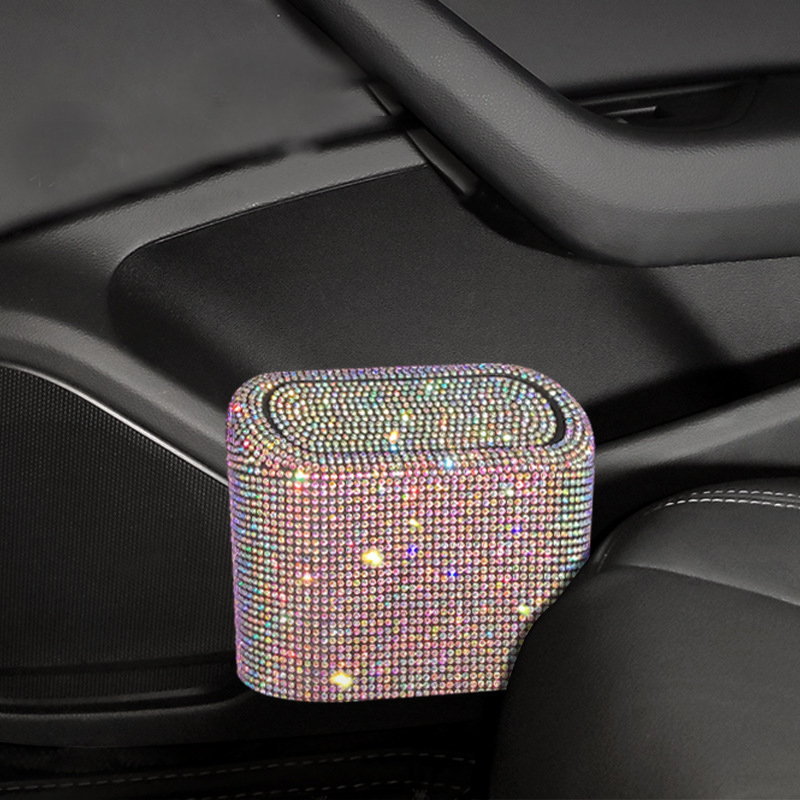 Car Rhinestone Trash Can Storage Bucket Car Shinning Storage Box Hanging Bag 