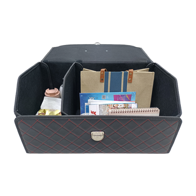 Embroidery PVC Leather Car Trunk Box with Wooden Insert with Metal Buckle 2 Side Net Pockets Foldable Storage Organizer Box