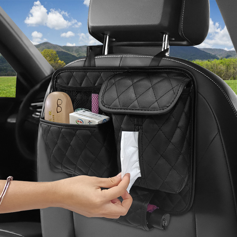 Car Backseat Organizer Net Bag Holding for Car Organizer with Strap Car Back Seat Organiser Purse Pouch Tissue Holder Multi-Functional Leather Car Seat Storage Bag