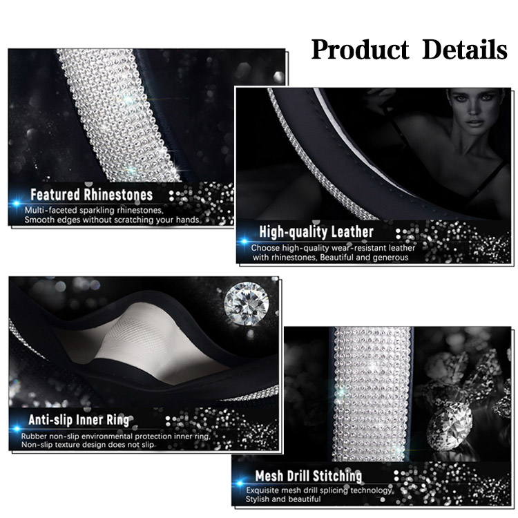 New Diamond Leather Steering Wheel Cover with Bling Bling Crystal Rhinestones Universal Fit 15 Inch Car Wheel Protector for Women Girls