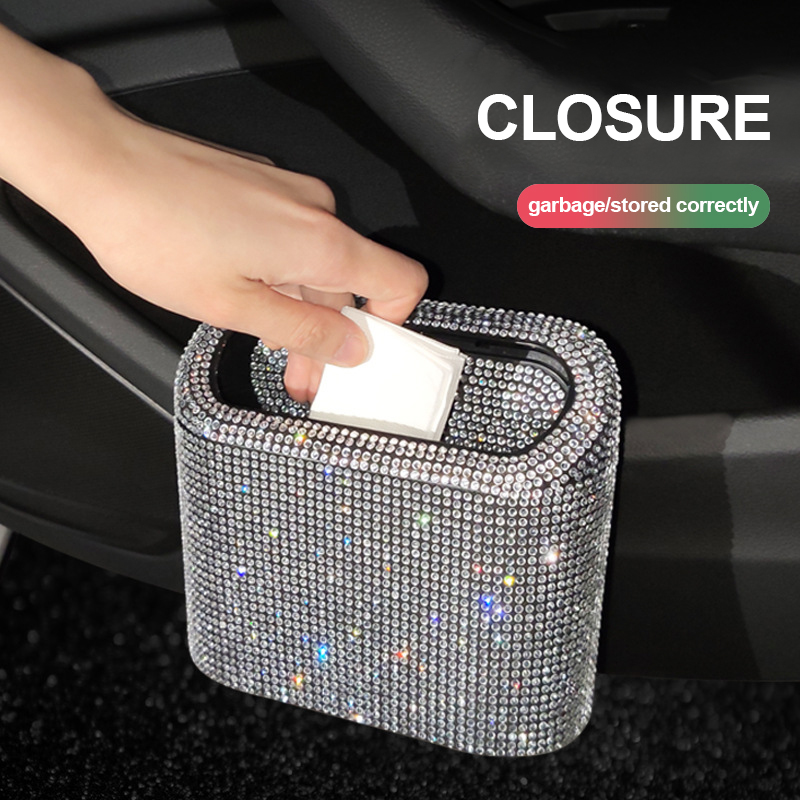 Car Rhinestone Trash Can Storage Bucket Car Shinning Storage Box Hanging Bag 