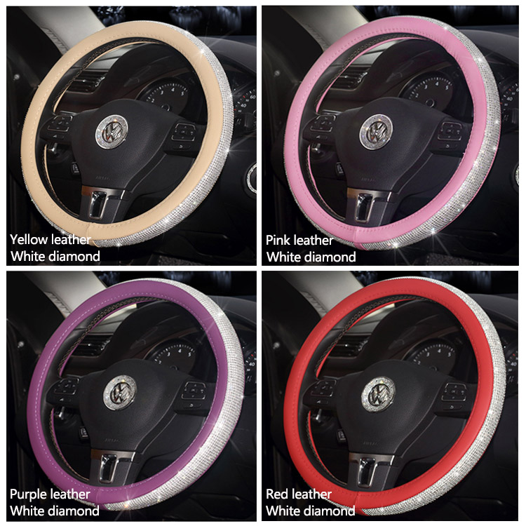 New Diamond Leather Steering Wheel Cover with Bling Bling Crystal Rhinestones Universal Fit 15 Inch Car Wheel Protector for Women Girls