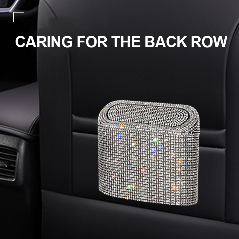 Car Rhinestone Trash Can Storage Bucket Car Shinning Storage Box Hanging Bag 