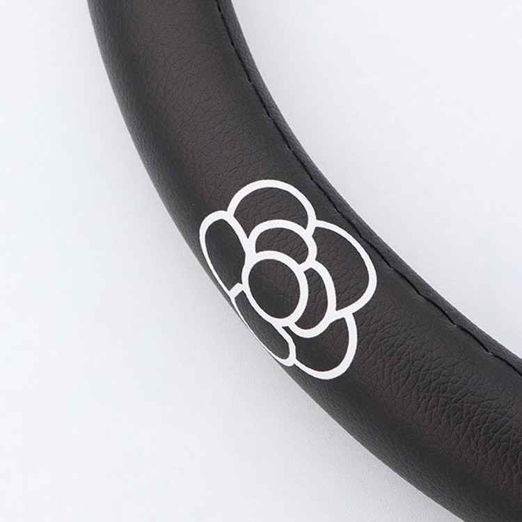 Cute Camellia Leather Car Steering Wheel Cover Non-slip,Sweat Absorption Steering Wheel Cover Universal 15 Inches, Black