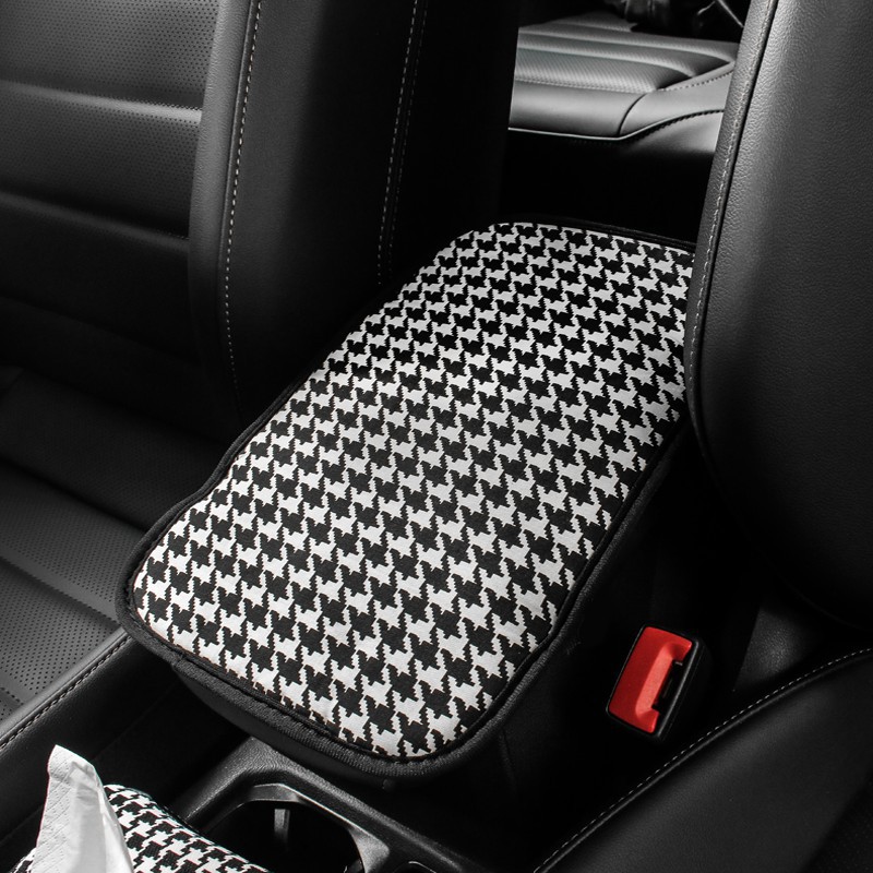 Houndstooth Auto Center Console Cover Pad Fit for SUV/Motor/Car, Comfort Elbow Pad Universal Car Armrest Seat Box Cover, Cotton Cloth Auto Armrest Cover