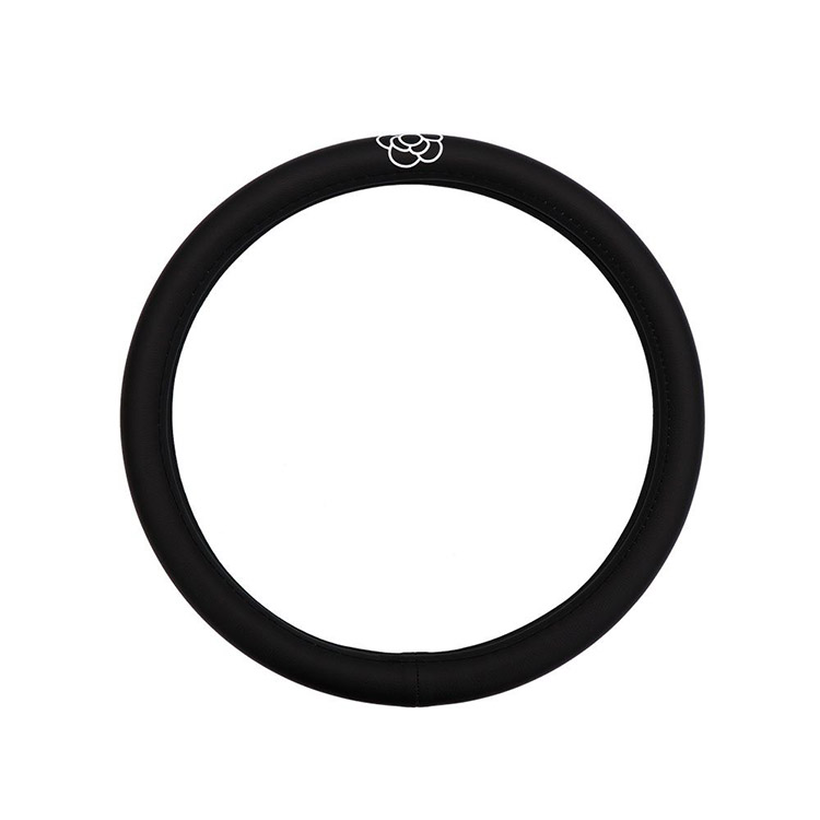 Cute Camellia Leather Car Steering Wheel Cover Non-slip,Sweat Absorption Steering Wheel Cover Universal 15 Inches, Black