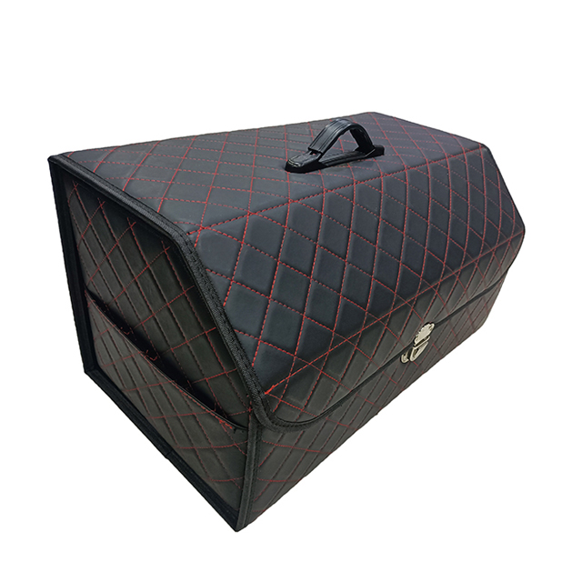 Embroidery PVC Leather Car Trunk Box with Wooden Insert with Metal Buckle 2 Side Net Pockets Foldable Storage Organizer Box