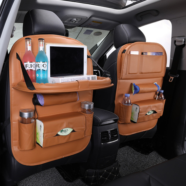  Hanging Backseat Organizer with Dinner Plate Multi-functional Car Accessories Quality Tissue Holder Umberella Oraganiser PU Leather Collapsible With Tray Car Seat Storage Bag