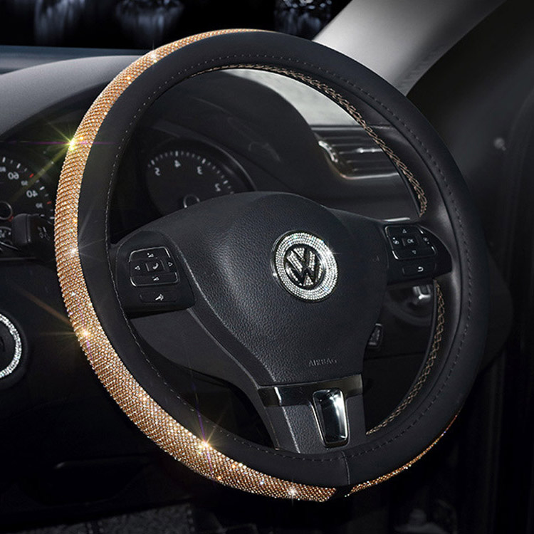 New Diamond Leather Steering Wheel Cover with Bling Bling Crystal Rhinestones Universal Fit 15 Inch Car Wheel Protector for Women Girls