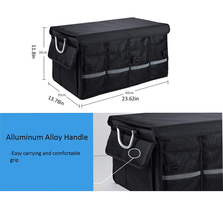 Car Trunk Organizer With Cover 1680D Oxford Cloth with Alluminum Alloy Handle Multi-pockets Collapsible Organizer Bag Black Large Capacity Car Storage Box 