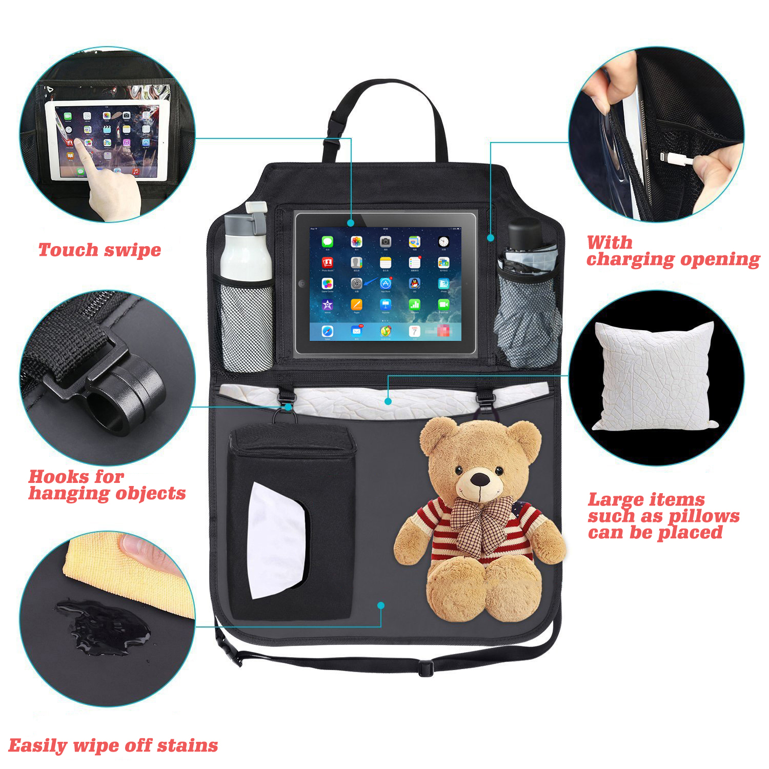 2 Pack Durable 600D Oxford Cloth Collapsible Car Seat Storage Organizer with Transparent Touch Screen for IPad, IPhone And Water Bottle Car Backseat Organizer