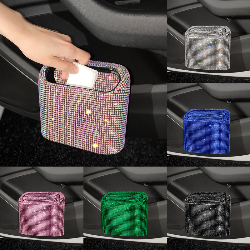 Car Rhinestone Trash Can Storage Bucket Car Shinning Storage Box Hanging Bag 