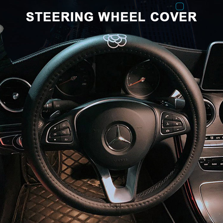 Cute Camellia Leather Car Steering Wheel Cover Non-slip,Sweat Absorption Steering Wheel Cover Universal 15 Inches, Black