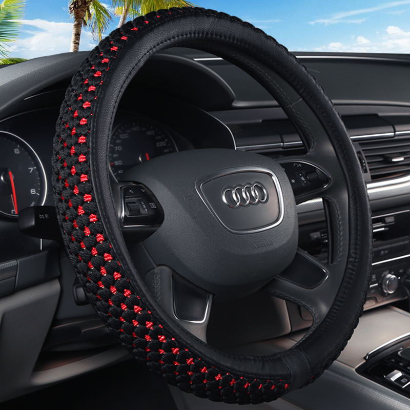 Breathable Ice Silk Weaving Flowers Steering Wheel Cover Anti-slip&Sweat-absorbing Car Handle Cover Universal Fit Small Car Cover