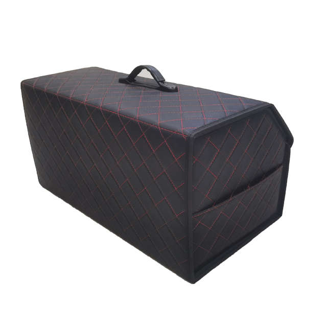 Embroidery PVC Leather Car Trunk Box with Wooden Insert with Metal Buckle 2 Side Net Pockets Foldable Storage Organizer Box