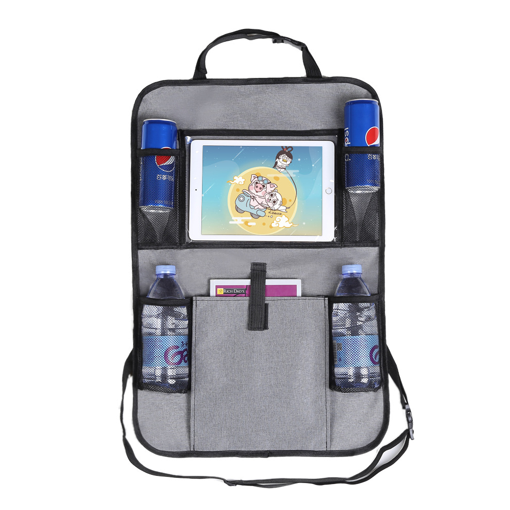 Backseat Car Organizer With Touchable Tablet for iPad Grey 600D Oxford Fabric Storage Hanging Bag Car Backseat Organizer Manufacturer