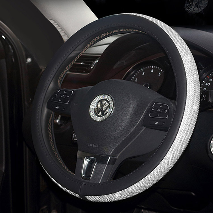 New Diamond Leather Steering Wheel Cover with Bling Bling Crystal Rhinestones Universal Fit 15 Inch Car Wheel Protector for Women Girls