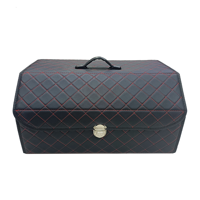 Embroidery PVC Leather Car Trunk Box with Wooden Insert with Metal Buckle 2 Side Net Pockets Foldable Storage Organizer Box