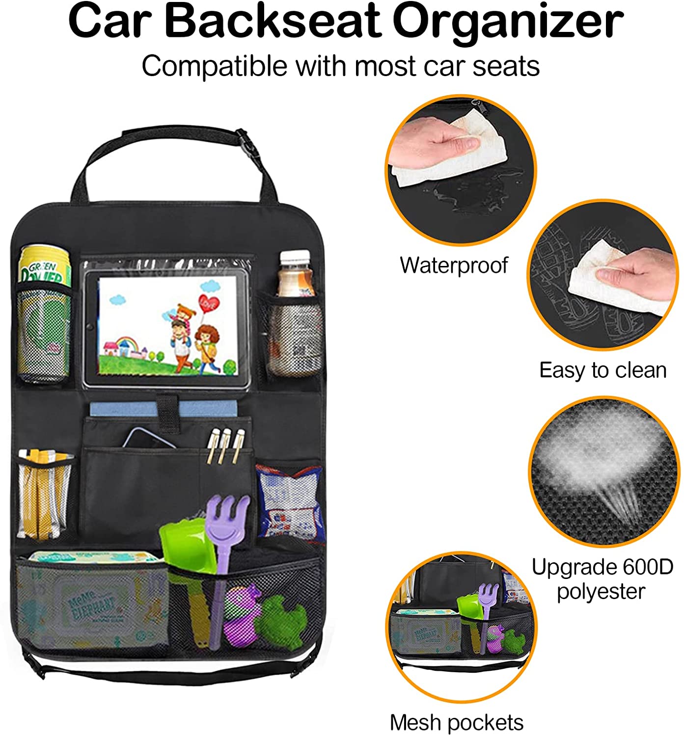 Car Seat Organizer Durable Storage Hanging Bag Multi-pockets Car Backseat Organizer With Tablet Holder for Kids