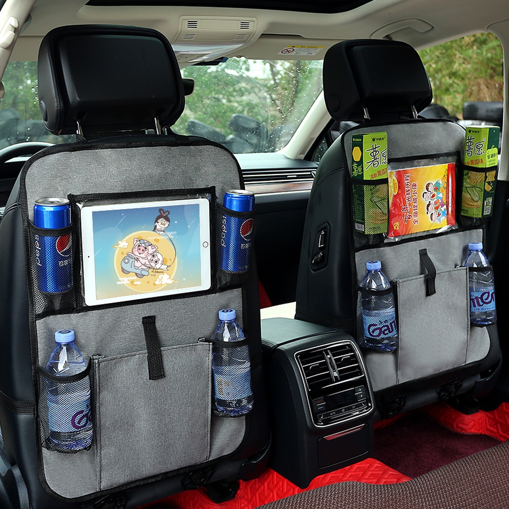 Backseat Car Organizer With Touchable Tablet for iPad Grey 600D Oxford Fabric Storage Hanging Bag Car Backseat Organizer Manufacturer