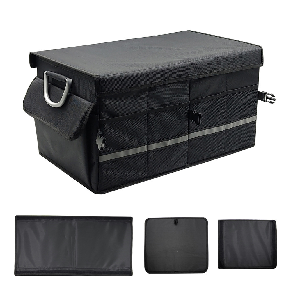 Car Trunk Organizer With Cover 1680D Oxford Cloth with Alluminum Alloy Handle Multi-pockets Collapsible Organizer Bag Black Large Capacity Car Storage Box 