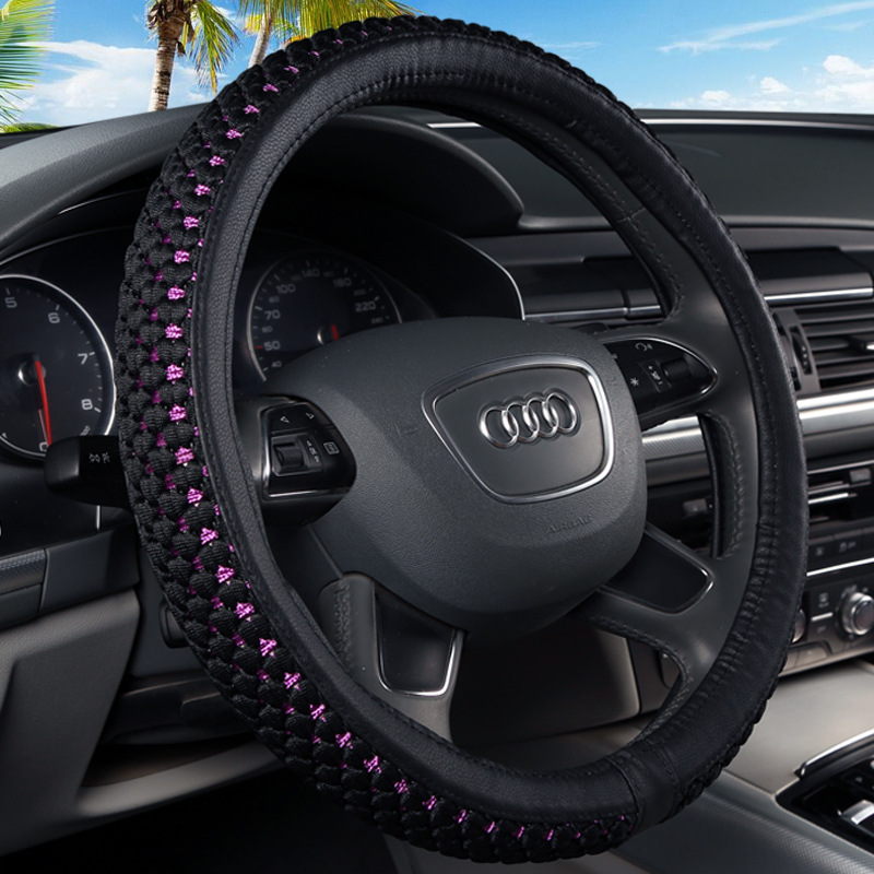 Breathable Ice Silk Weaving Flowers Steering Wheel Cover Anti-slip&Sweat-absorbing Car Handle Cover Universal Fit Small Car Cover