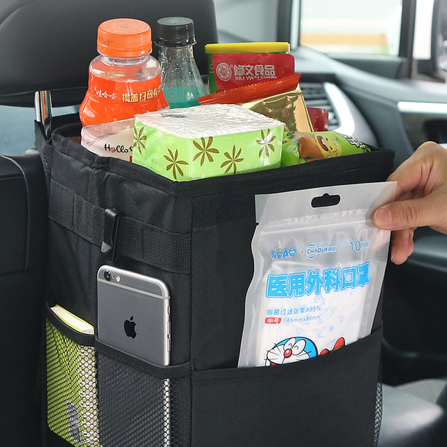 Car Trash Can with Lid And Storage Pockets 100% Leak-Proof Car Organizer Waterproof Car Garbage Can Multipurpose Trash Bin for Car
