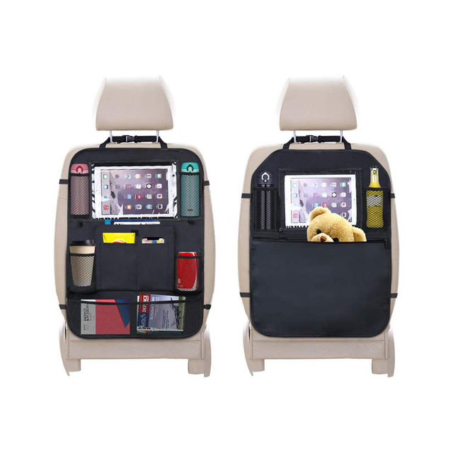 2 Pack Durable 600D Oxford Cloth Collapsible Car Seat Storage Organizer with Transparent Touch Screen for IPad, IPhone And Water Bottle Car Backseat Organizer