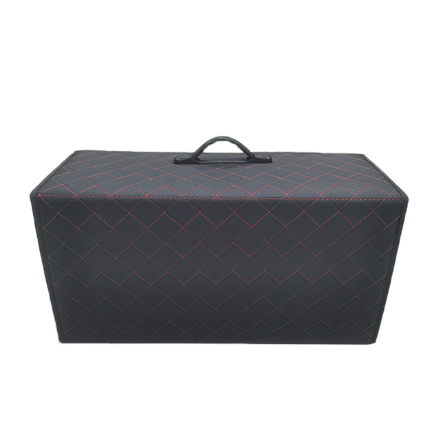 Embroidery PVC Leather Car Trunk Box with Wooden Insert with Metal Buckle 2 Side Net Pockets Foldable Storage Organizer Box