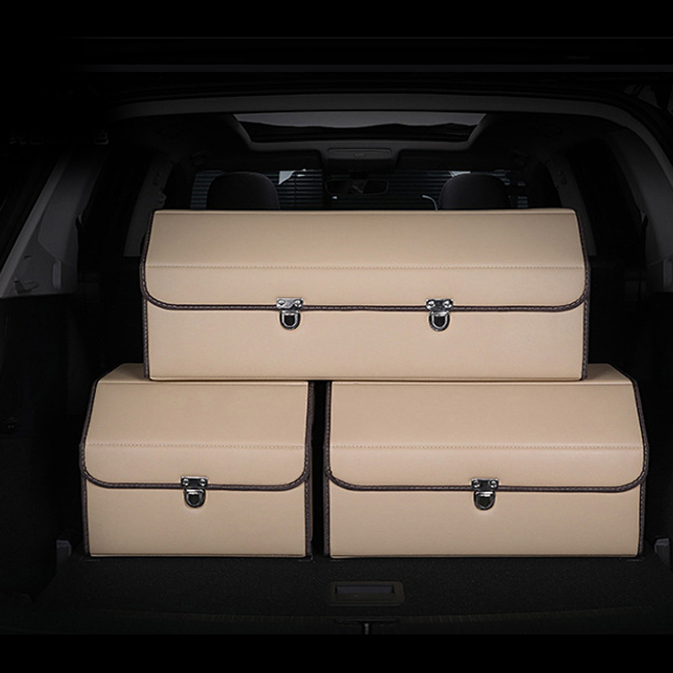 Glossy PVC Leather Car Trunk Box with Wooden Insert Metal Buckle Foldable Storage Organizer Box 