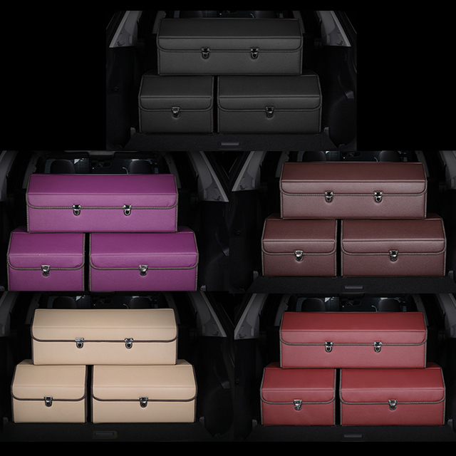 Glossy PVC Leather Car Trunk Box with Wooden Insert Metal Buckle Foldable Storage Organizer Box 