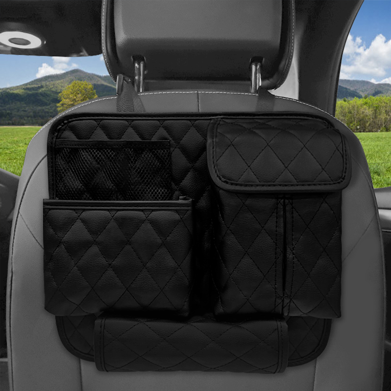 Car Backseat Organizer Net Bag Holding for Car Organizer with Strap Car Back Seat Organiser Purse Pouch Tissue Holder Multi-Functional Leather Car Seat Storage Bag
