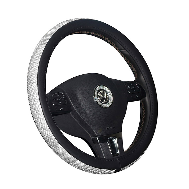 New Diamond Leather Steering Wheel Cover with Bling Bling Crystal Rhinestones Universal Fit 15 Inch Car Wheel Protector for Women Girls