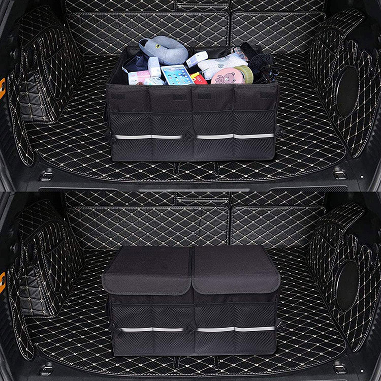 Car Trunk Organizer With Cover 1680D Oxford Cloth with Alluminum Alloy Handle Multi-pockets Collapsible Organizer Bag Black Large Capacity Car Storage Box 