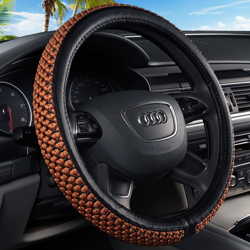 Breathable Ice Silk Weaving Flowers Steering Wheel Cover Anti-slip&Sweat-absorbing Car Handle Cover Universal Fit Small Car Cover